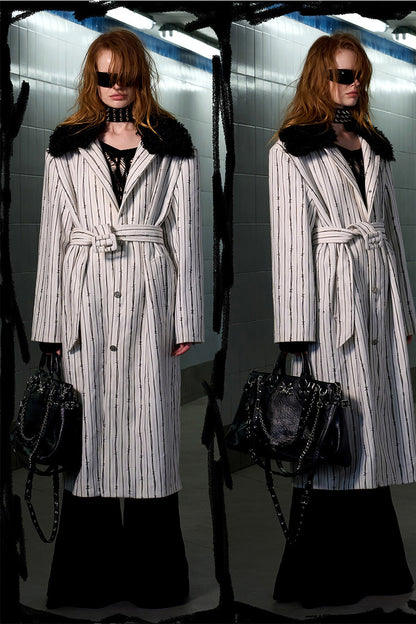 Patchwork Stripe Fur Collar Coat