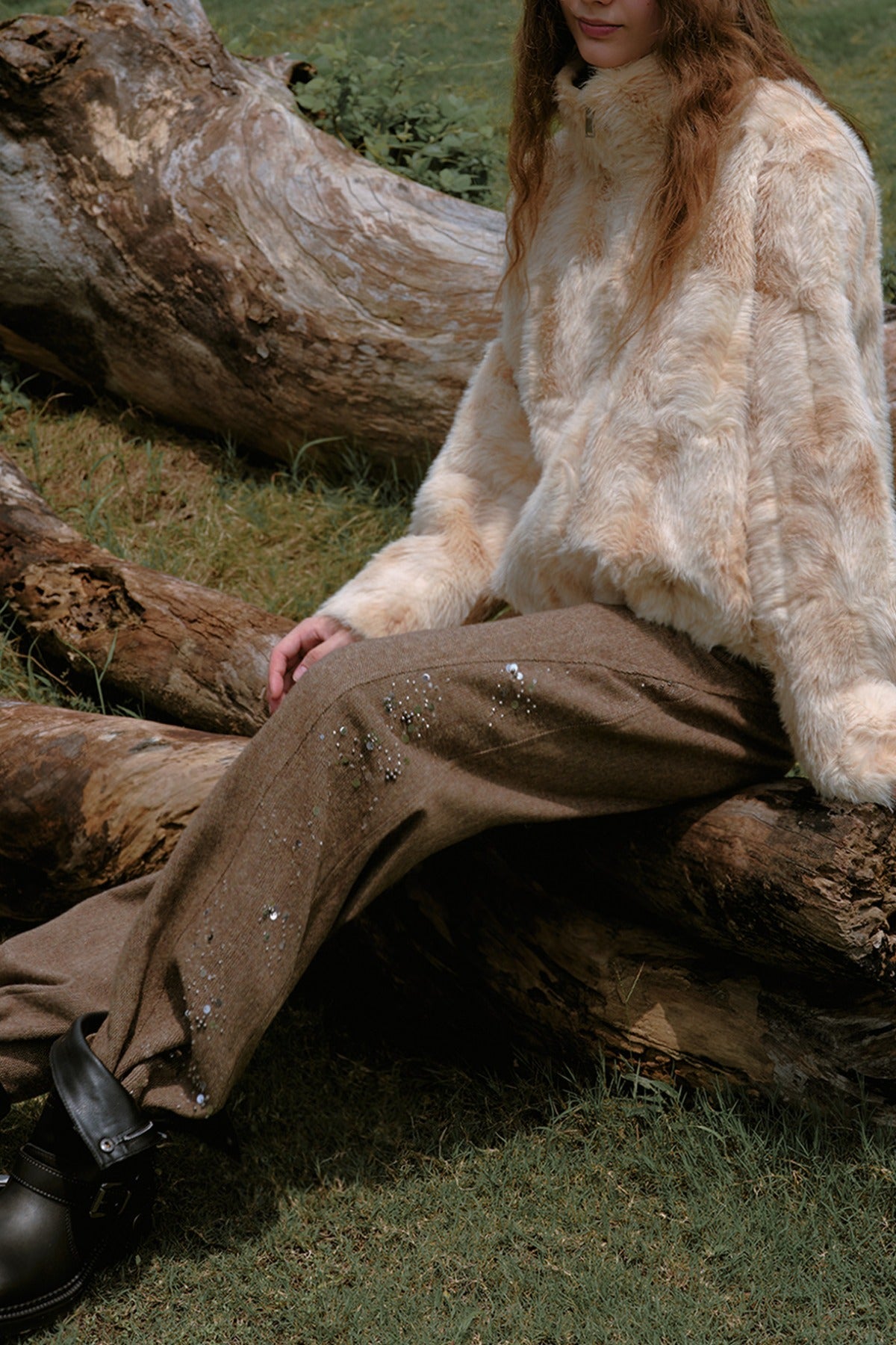 High-Waisted Loose Beaded Patchwork Wool Tweed Pants