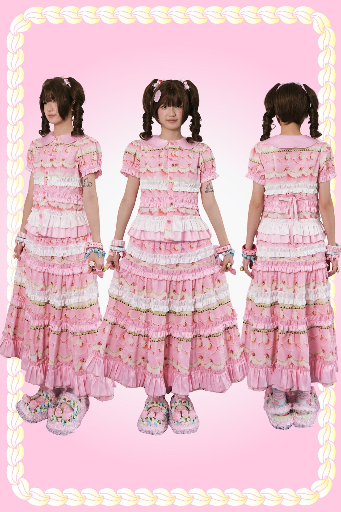 Rose Print Bubble Sleeve Blouse and Cake Skirt Set