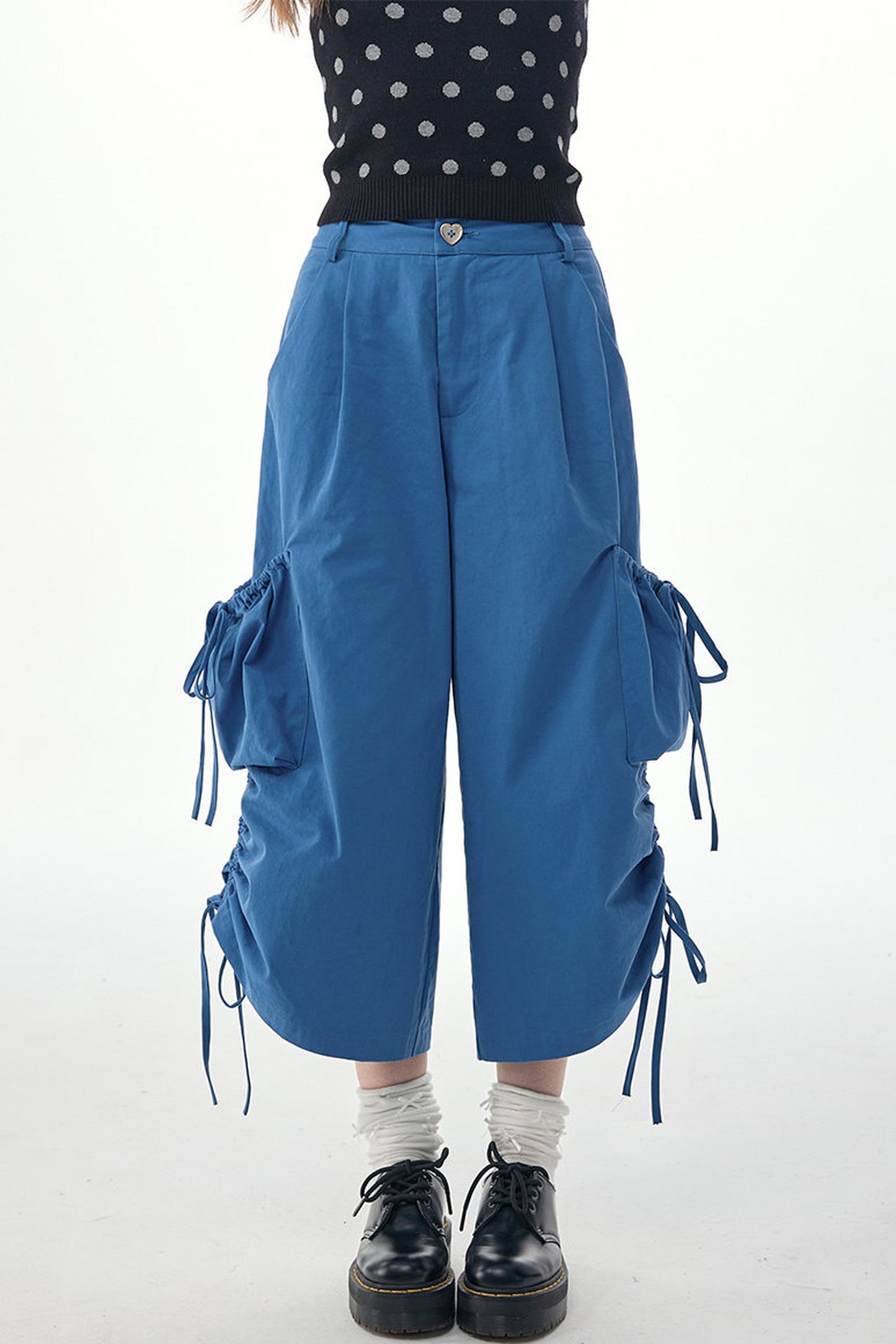 Blaue Ballon-Cargohose mit Kordelzug und weitem Bein