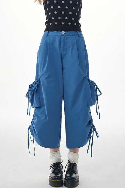 Blaue Ballon-Cargohose mit Kordelzug und weitem Bein