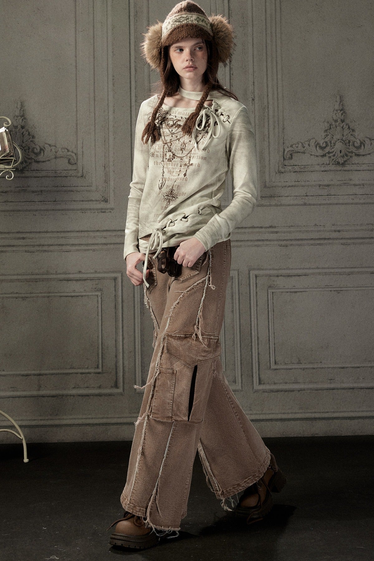Letter Print Layered-Look Off-Shoulder Long-Sleeve T-shirt