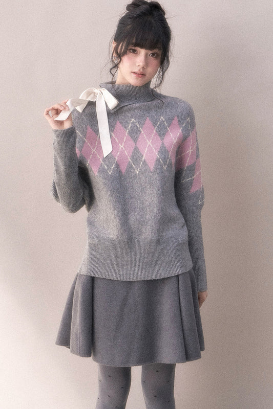 Gray Purple Argyle Bow High Neck Sweater