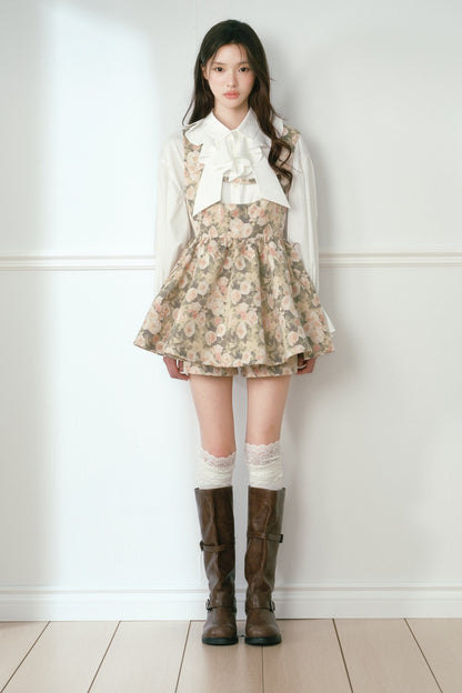 Floral Jacquard Vest Dress and White Ruffled Shirt Set-Up