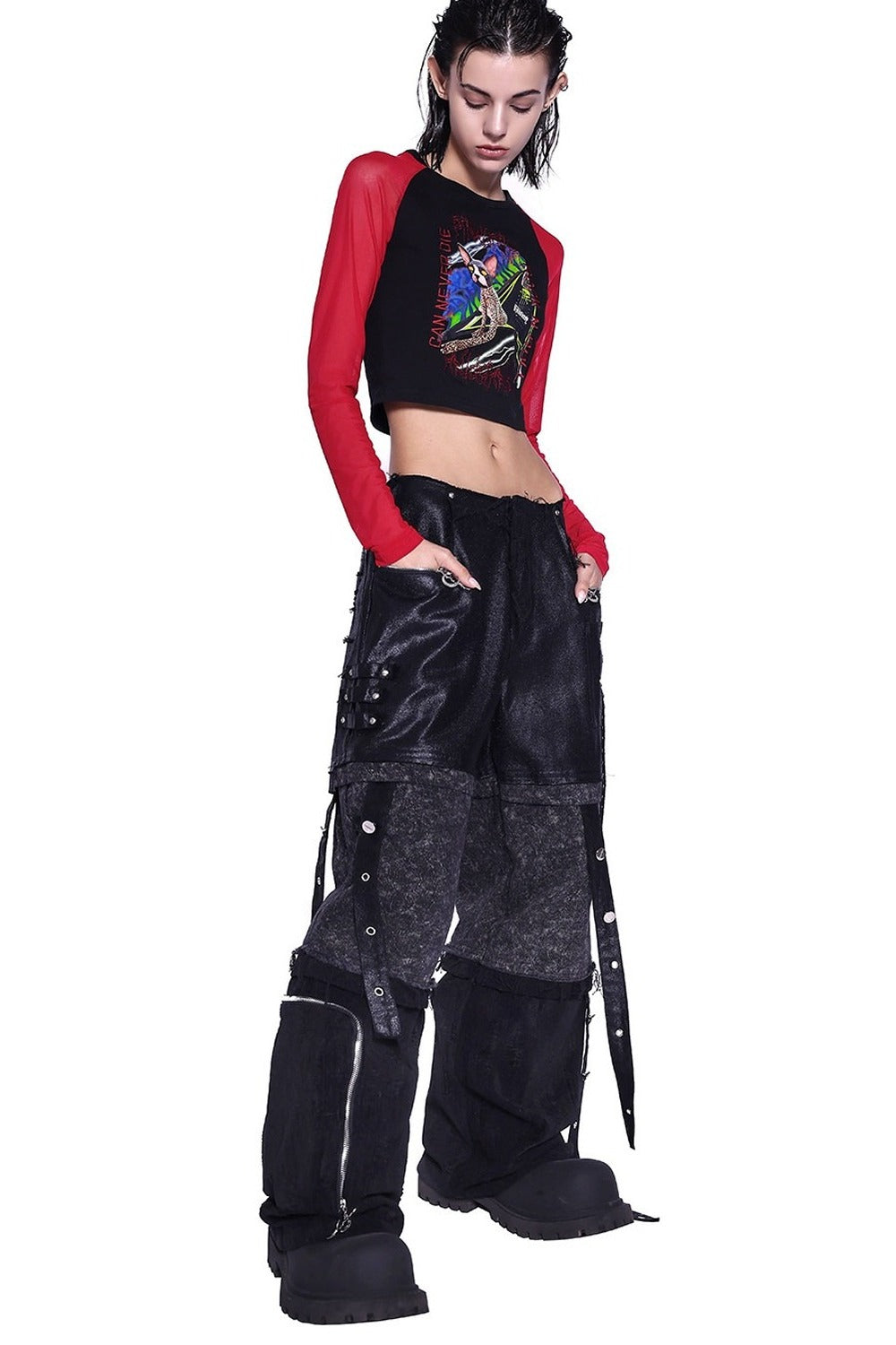 Stacked Patchwork Studded Belt Jeans