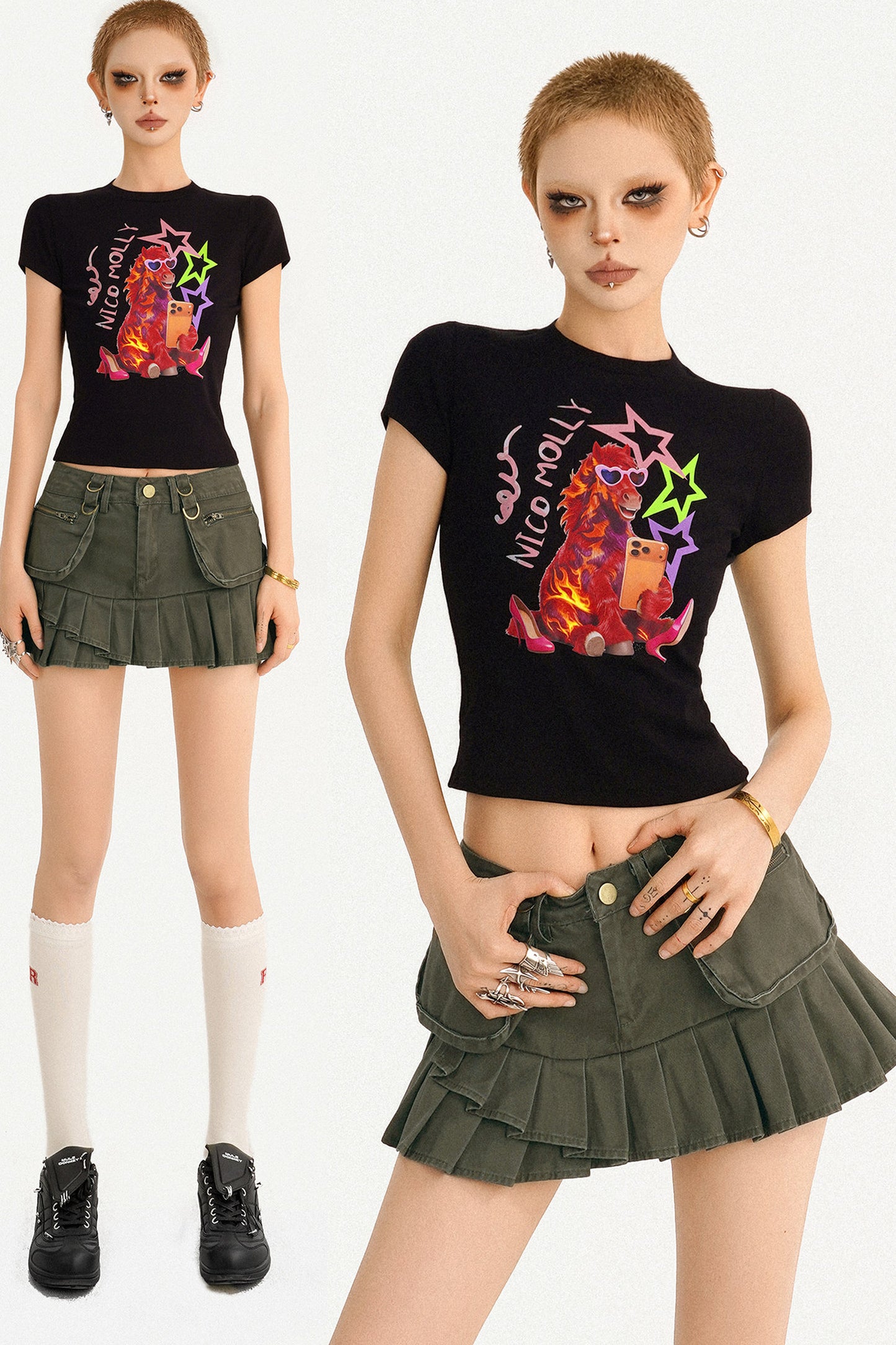 Cartoon Print Black Crop Top