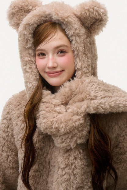 Hooded Bear Ear Fur Coat
