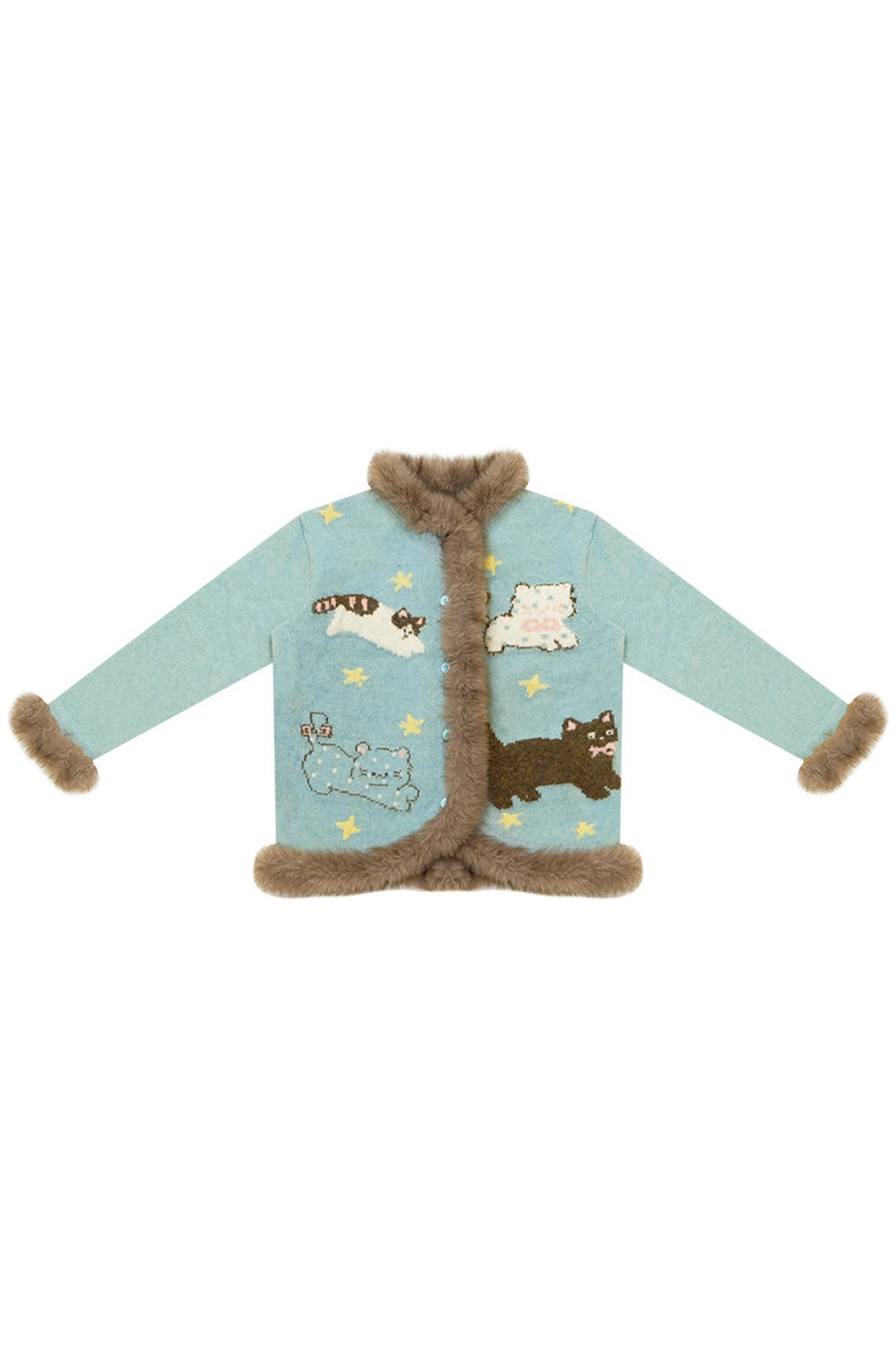 Cardigan à col en fausse fourrure avec motif de chat amusant