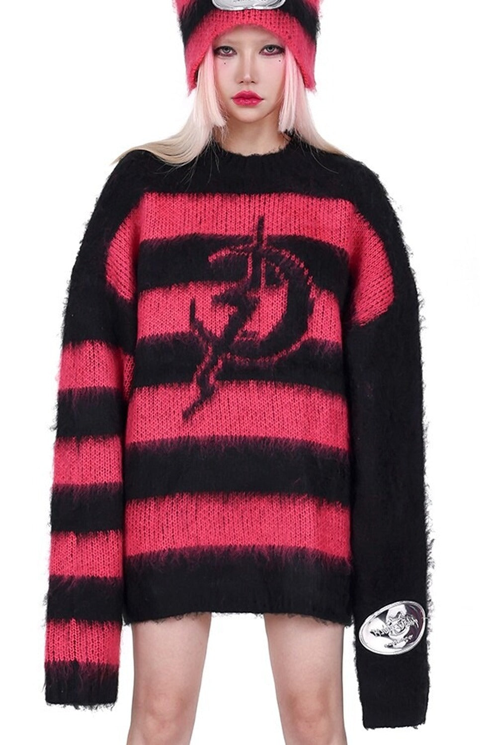 Loose Black Pink Stripe Knit Tops