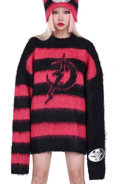 Loose Black Pink Stripe Knit Tops