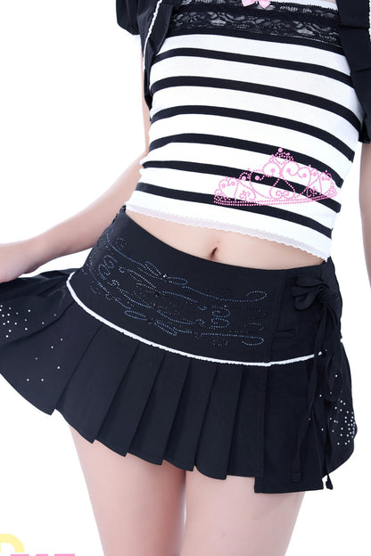 Bow Vine Rhinestone Lace Pleated Skirt