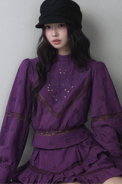 Pure Cotton Cut Out Shirt and Multi-Layered Asymmetrical Ruffle Skirt