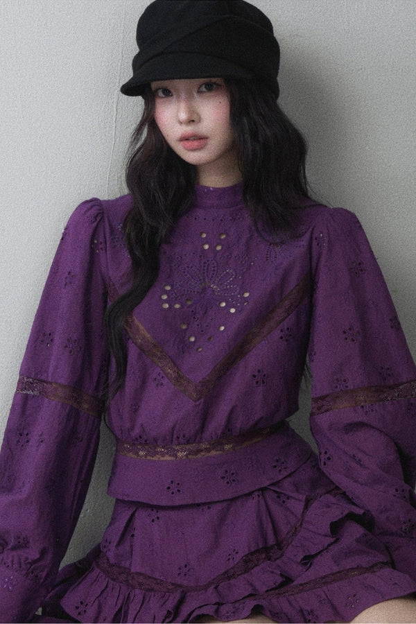 Pure Cotton Cut Out Shirt and Multi-Layered Asymmetrical Ruffle Skirt