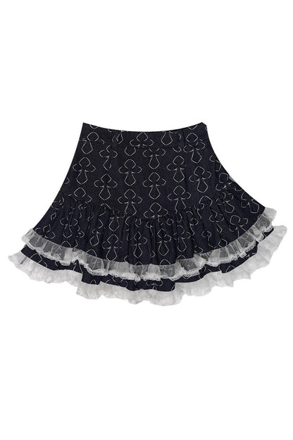 Puffiger Rock mit Schmetterlings-Jacquard und Spitzenbesatz