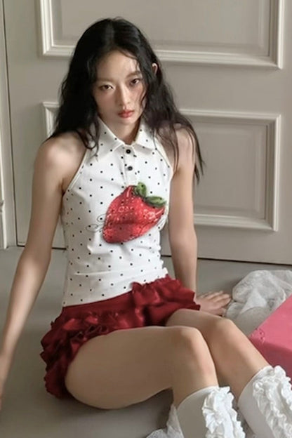 Top a canotta all'americana con schiena scoperta a pois fragola