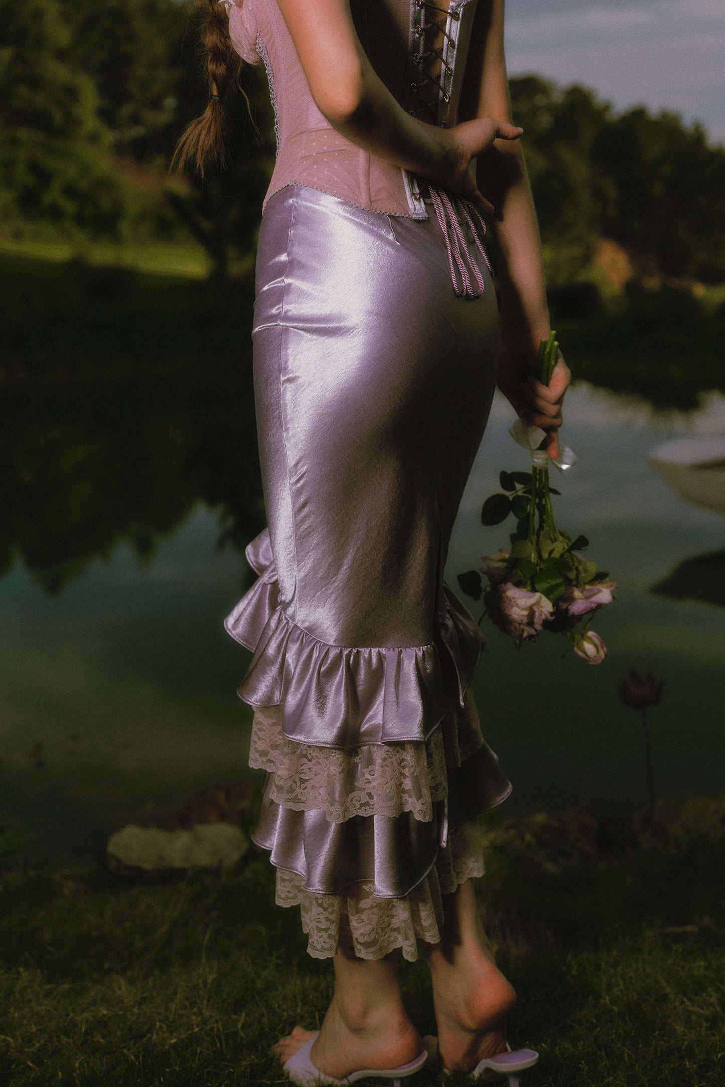 Purple Floral Fishbone Corset Camisole and Satin Skirt Set-Up