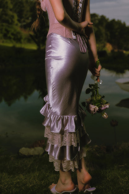 Purple Floral Fishbone Corset Camisole and Satin Skirt Set-Up