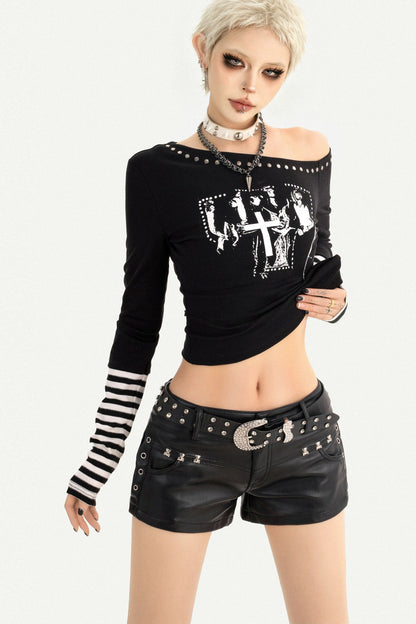 Off-Shoulder Letter Print Long Sleeve T-shirt