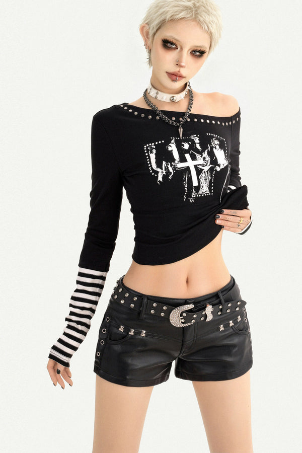Off-Shoulder Letter Print Long Sleeve T-shirt