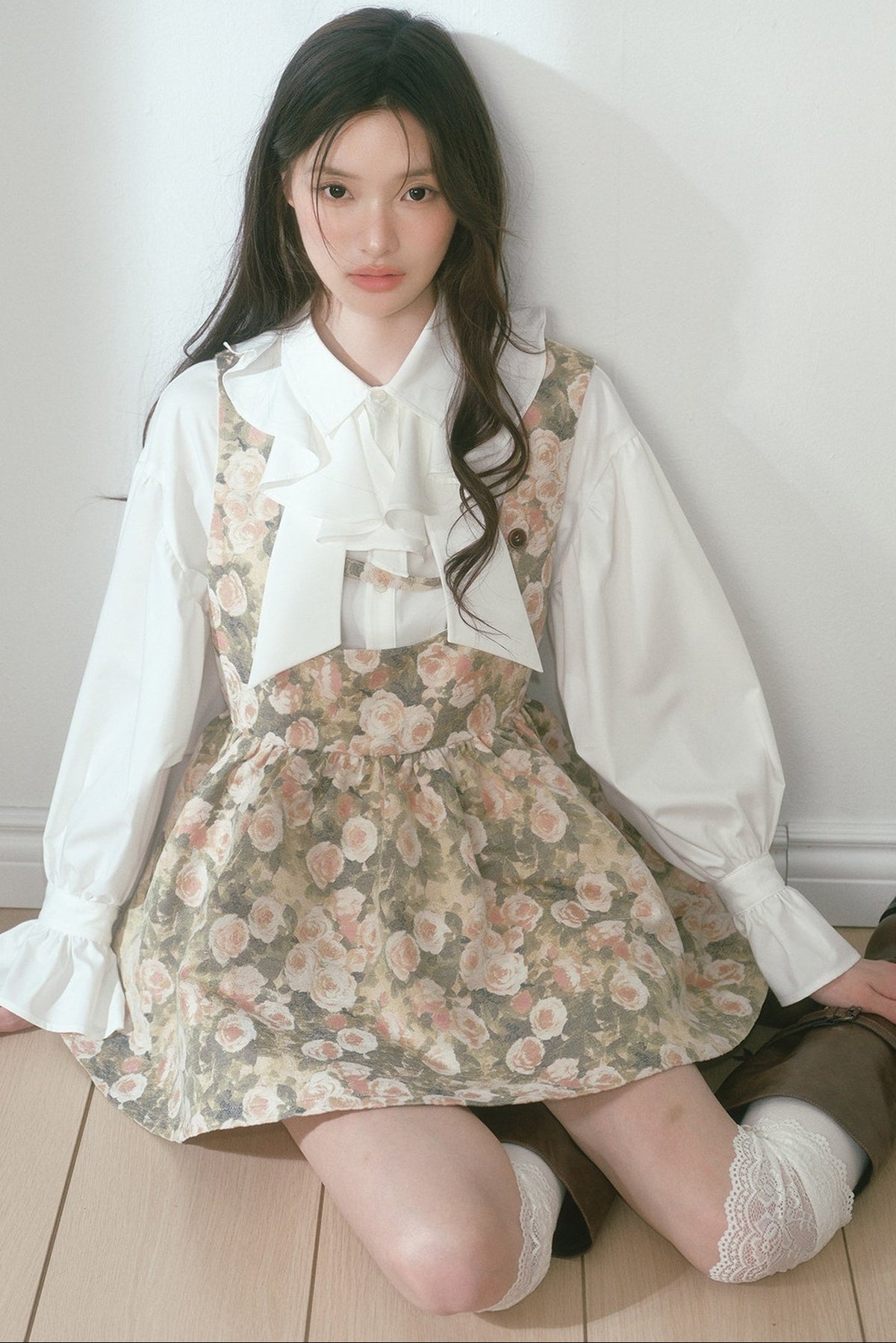 Floral Jacquard Vest Dress and White Ruffled Shirt Set-Up