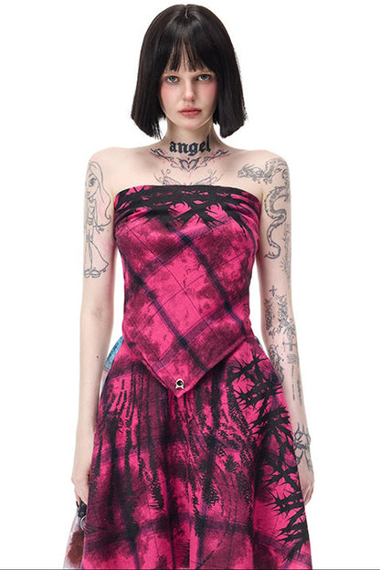 Top a fascia stile foulard quadrato con stampa di spine rosa