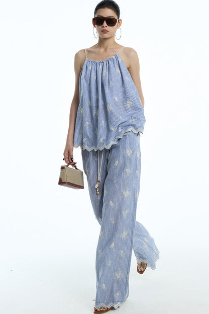 Gray-Blue Jacquard Halter Camisole and Shorts Set-Up