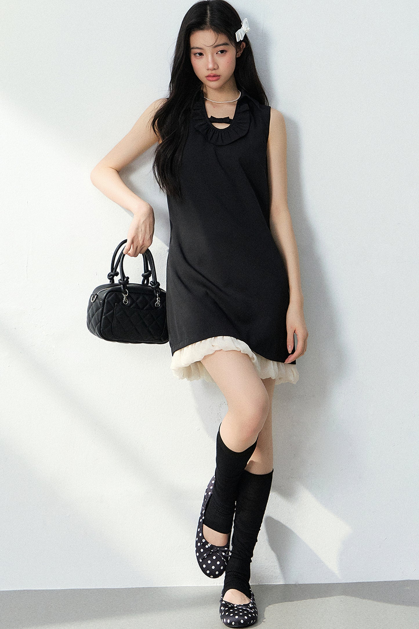Bowknot Ruffle A-Line Black Dress