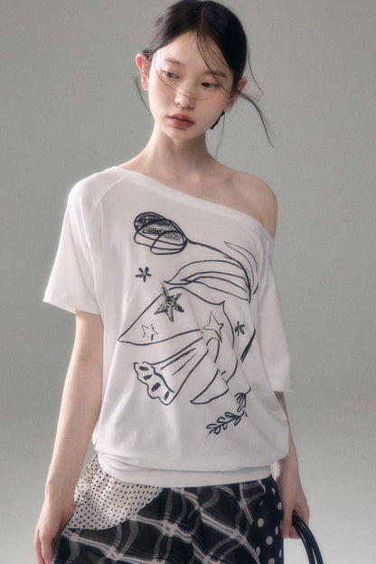 Bird And Tulip Print One-Shoulder Tencel T-Shirt