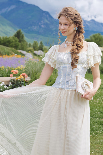 French Retro Lace Trim Top and Skirt Set-Up