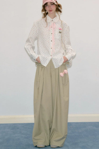 Lace-Up Doll Collar Floral Shirt