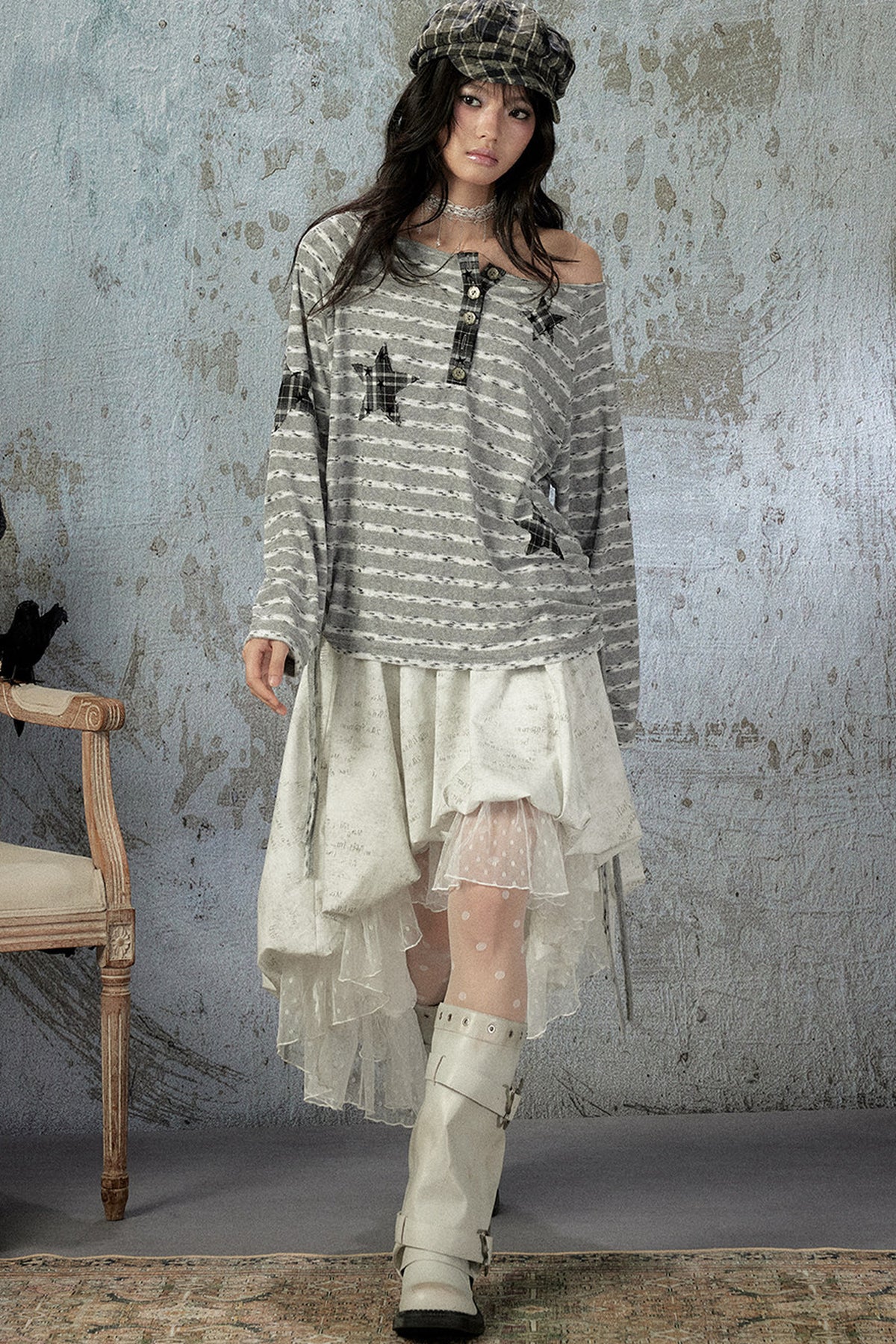 Striped Off-Shoulder Long-Sleeve T-Shirt
