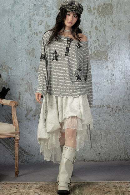 Striped Off-Shoulder Long-Sleeve T-Shirt