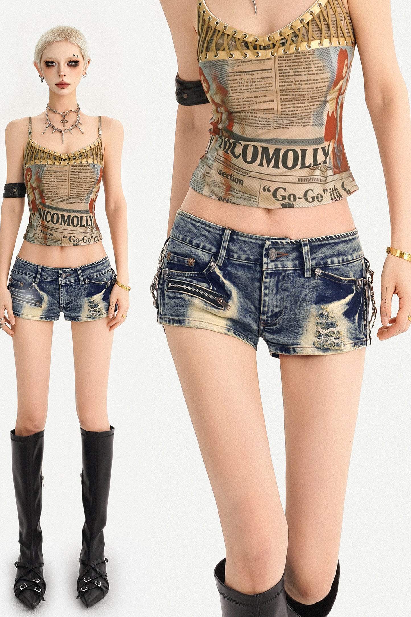 Low Rise Distressed Denim Shorts With Zipper Detail