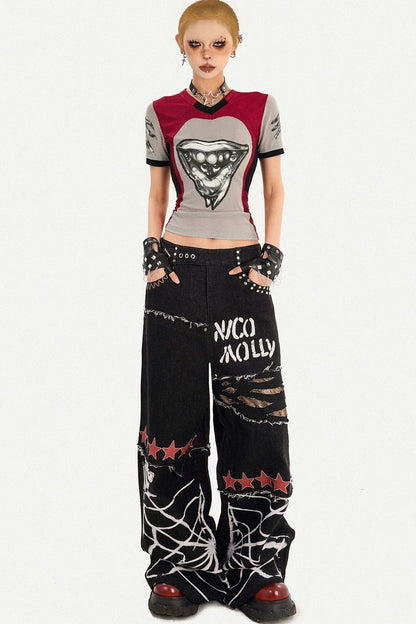 Ripped Graffiti Wide-Leg Jeans