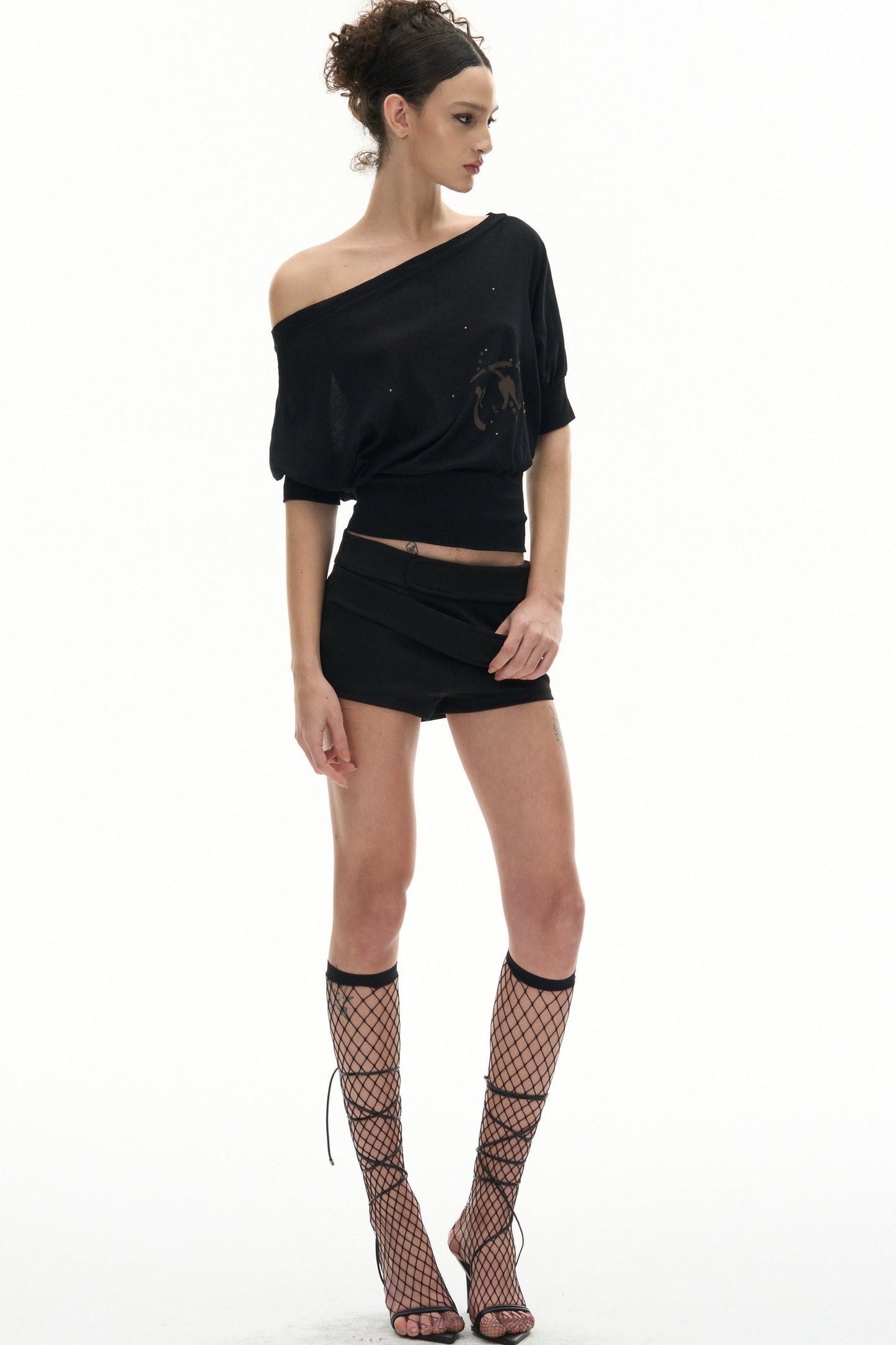 Two-Tone Rhinestone One-Shoulder T-Shirt