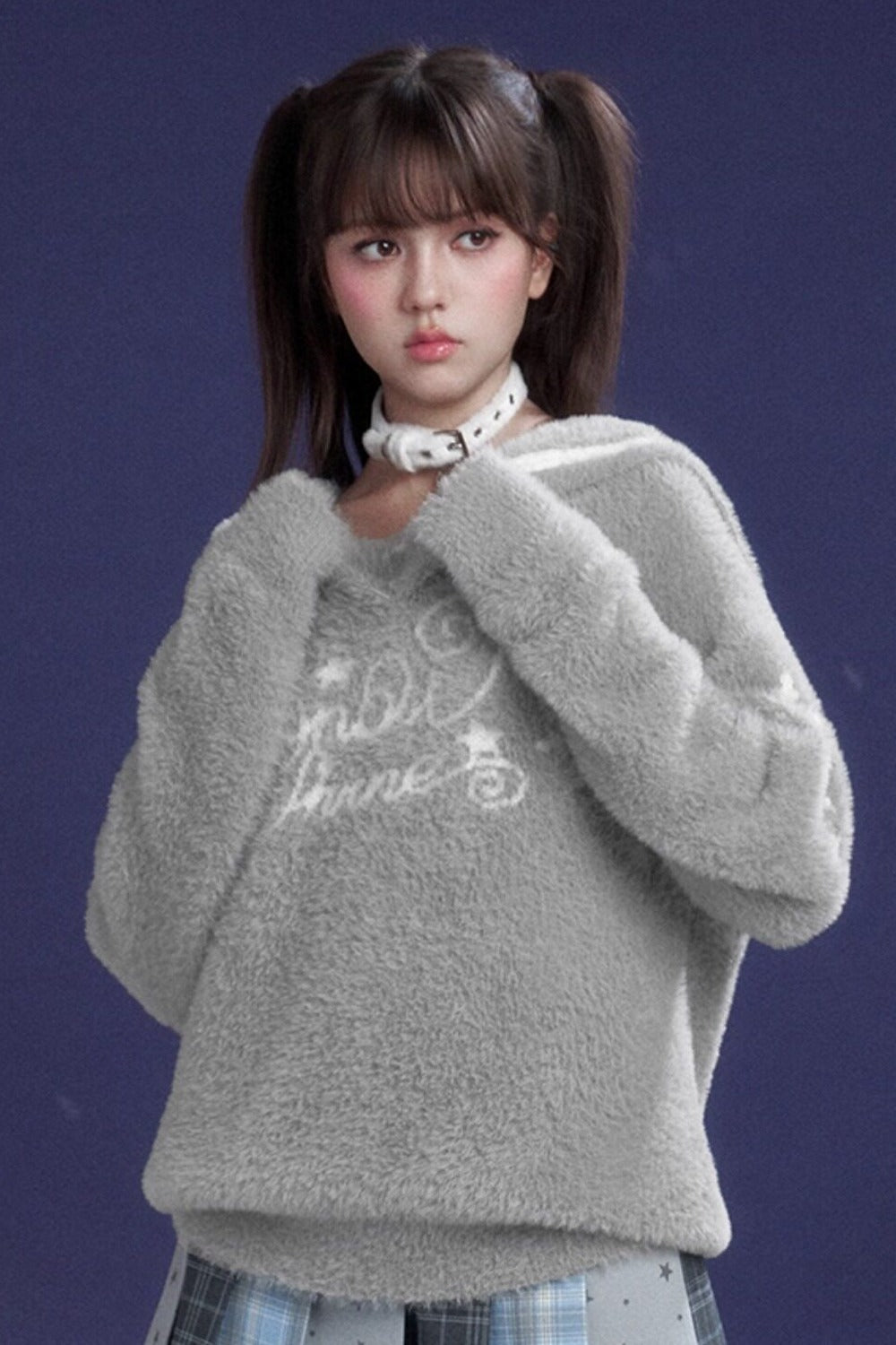 Gray Faux Mink Fur Sailor Collar Sweater