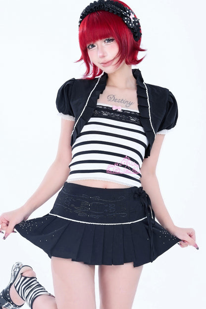 Bow Vine Rhinestone Lace Pleated Skirt