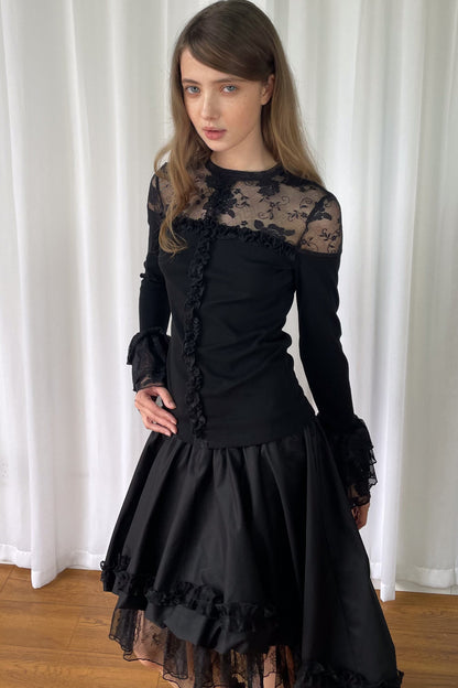 Lace Patchwork Ruffle Sleeve Knit Top