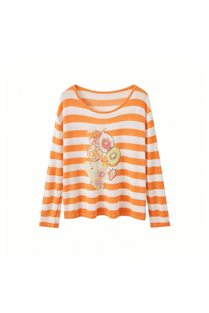 Gestreifte Bluse mit Fruchtprint und asymmetrischer Schulter