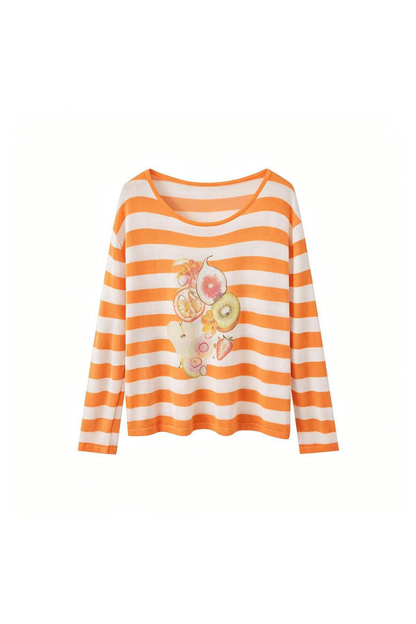 Fruit Print Striped Asymmetrical Shoulder Blouse
