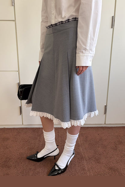 Gray Pleated Lace A-Line Skirt