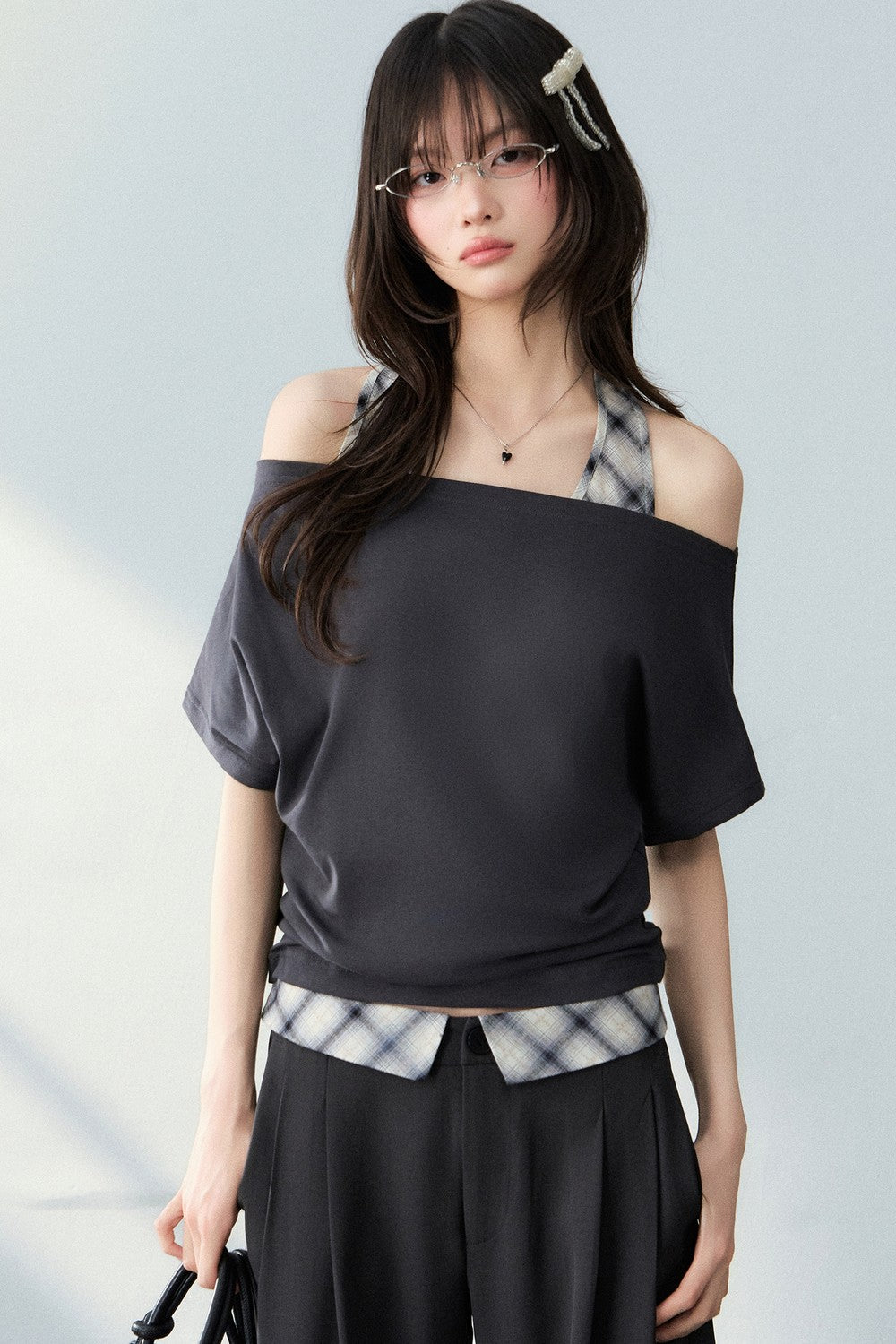 Plaid Off-Shoulder Top Set-Up