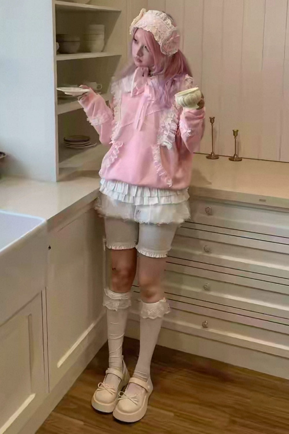 Bow Lace Trim Detachable Collar Sweatshirt and Leggings Set-Up