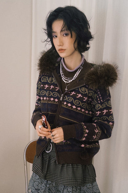 Detachable Fur Collar Fair Isle Hooded Cardigan