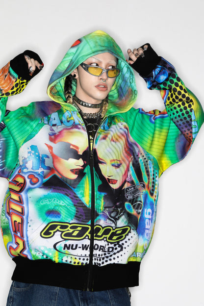 Y2K Alien Rave Print Hooded Jacket