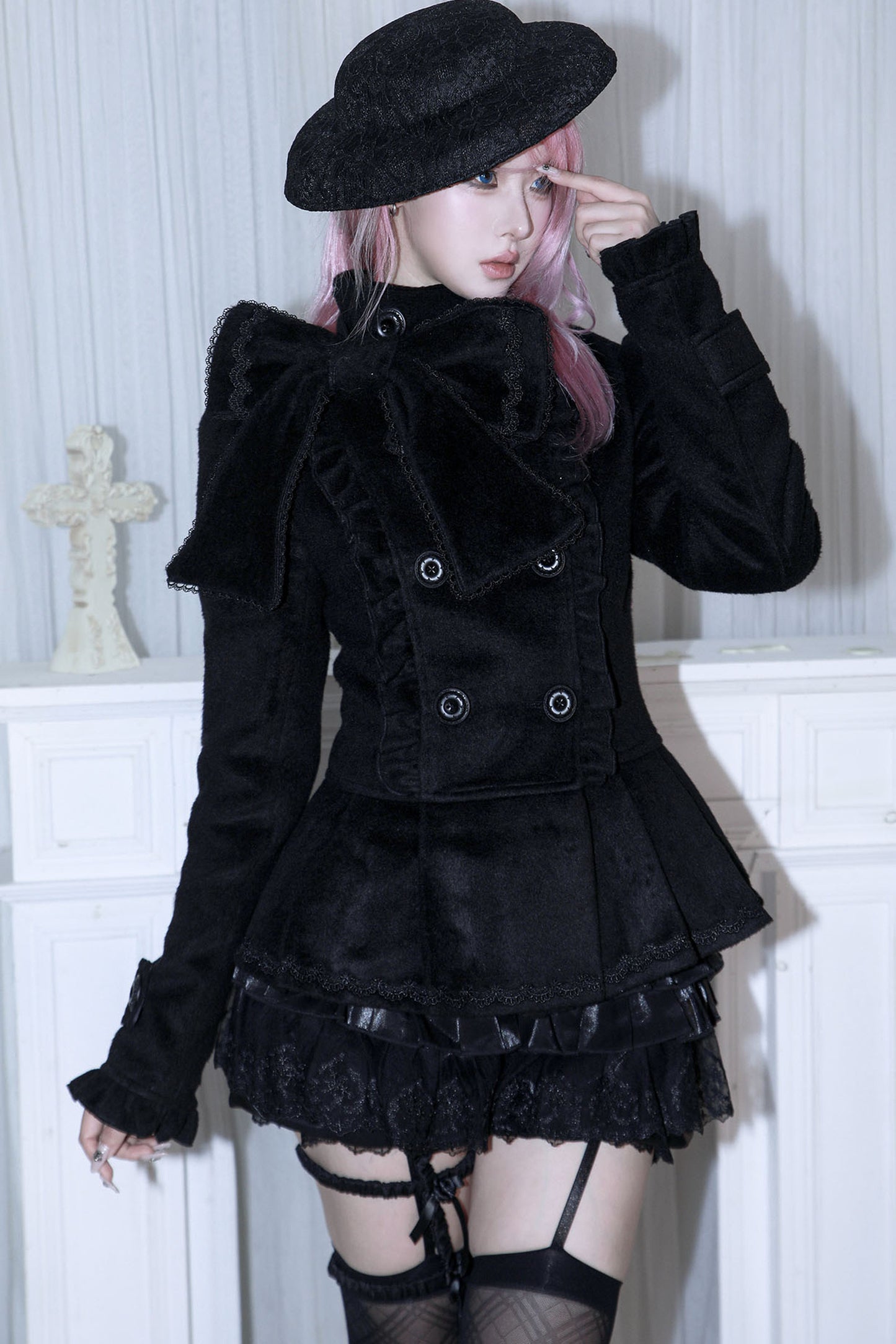 Detachable Bow Woolen Coat and Dress Set