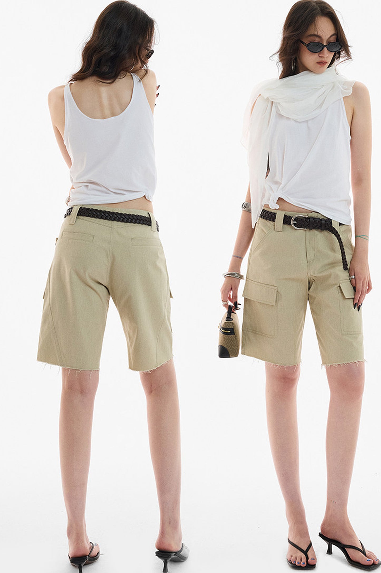 Khaki Workwear Straight-Leg Frayed Hem Pants