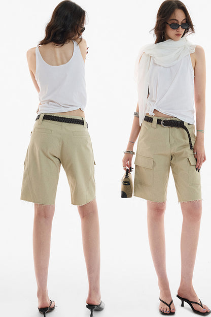 Khaki Workwear Straight-Leg Frayed Hem Pants