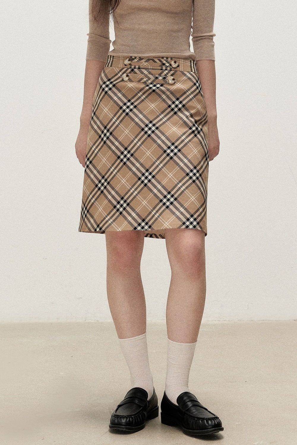 Milk Brown Plaid Napoleon Button Skirt