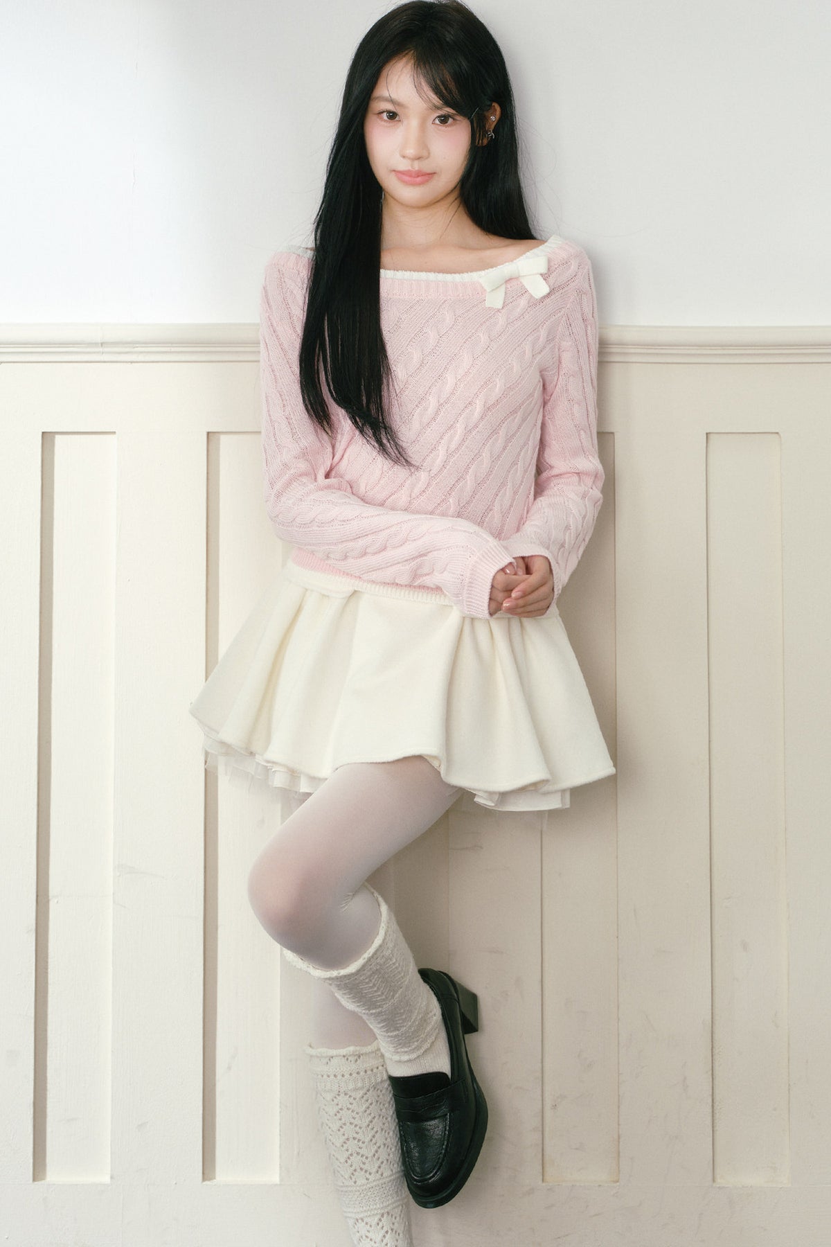 Pink Bow Cable-Knit Off-Shoulder Sweater